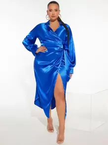 SHEIN SXY 大碼燈籠袖圍裹側打結緞面洋裝