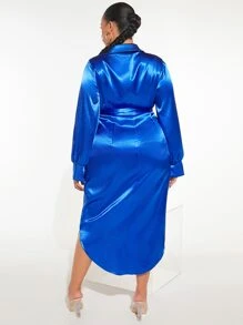 SHEIN SXY 大碼燈籠袖圍裹側打結緞面洋裝