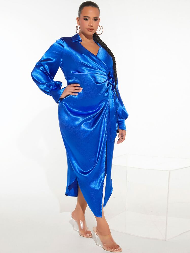 SHEIN SXY Plus Bishop Sleeve Wrap Knot Side Satin Dress - Royal Blue - View 7