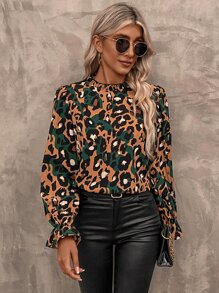 SHEIN Clasi Leopard Print Flounce Sleeve Blouse - Brown - View 4