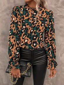 SHEIN Clasi Leopard Print Flounce Sleeve Blouse - Brown - View 5