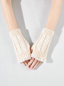 Contrast Lace Fingerless Gloves - Beige - View 1