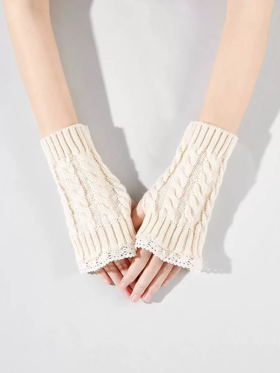 Contrast Lace Fingerless Gloves - Beige - View 1