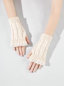 Contrast Lace Fingerless Gloves - Beige - View 2