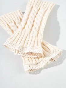 Contrast Lace Fingerless Gloves - Beige - View 3