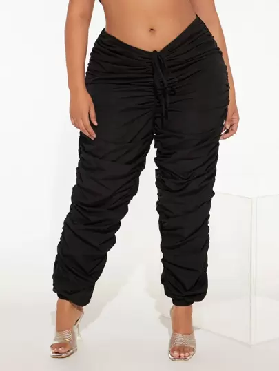 SHEIN SXY 大碼素色腰部抽繩褶皺衛褲