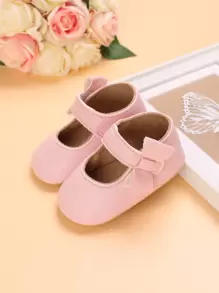 Baby Litchi Embossed Bow Decor Mary Jane Flats - Pink - View 1