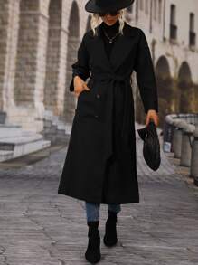 INAWLY Lapel Neck Double Breasted Drop Shoulder Belted Overcoat Fall Winter Cloth For Women
