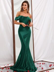 Women's Solid Color Off Shoulder Mermaid Hem Formal Gown - Dark Green - View 4