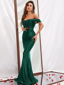 Women's Solid Color Off Shoulder Mermaid Hem Formal Gown - Dark Green - View 5
