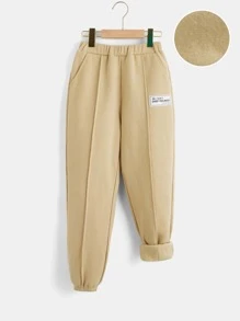 SHEIN Boys Slant Pockets Patched Detail Thermal Joggers - Khaki - View 1
