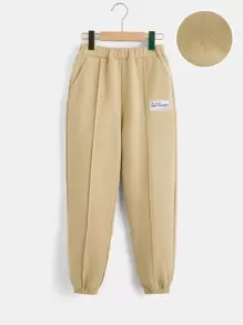 SHEIN Boys Slant Pockets Patched Detail Thermal Joggers - Khaki - View 2