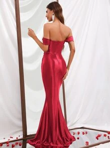 Off Shoulder Mermaid Hem Prom Dress - Burgundy - View 2