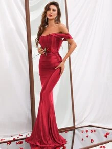 Off Shoulder Mermaid Hem Prom Dress - Burgundy - View 5