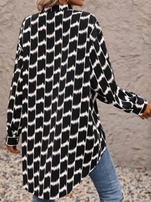 SHEIN Clasi 隨機圖案落肩袖高低下擺襯衫 - 黑與白 - 查看 2