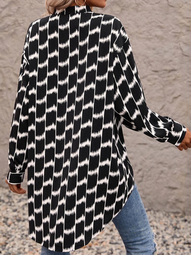 SHEIN Clasi 隨機圖案落肩袖高低下擺襯衫 - 黑與白 - 查看 2