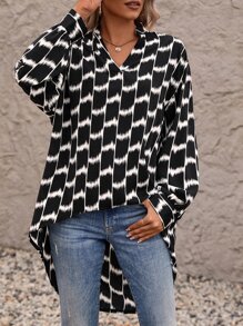 SHEIN Clasi 隨機圖案落肩袖高低下擺襯衫 - 黑與白 - 查看 3