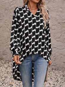 SHEIN Clasi 隨機圖案落肩袖高低下擺襯衫 - 黑與白 - 查看 4