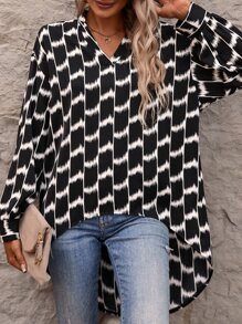 SHEIN Clasi 隨機圖案落肩袖高低下擺襯衫 - 黑與白 - 查看 6