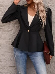 SHEIN LUNE Lapel Collar Single Button Peplum Blazer Fall Cloth For Women - Black - View 2