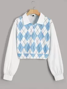 SHEIN MOD 菱形印花燈籠袖襯衫 - 藍白色 - 查看 1