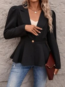 SHEIN LUNE Lapel Collar Single Button Peplum Blazer Fall Cloth For Women - Black - View 4