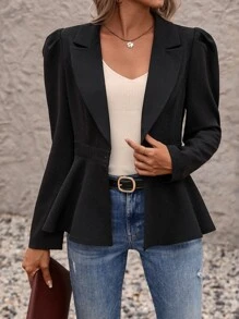 SHEIN LUNE Lapel Collar Single Button Peplum Blazer Fall Cloth For Women - Black - View 5