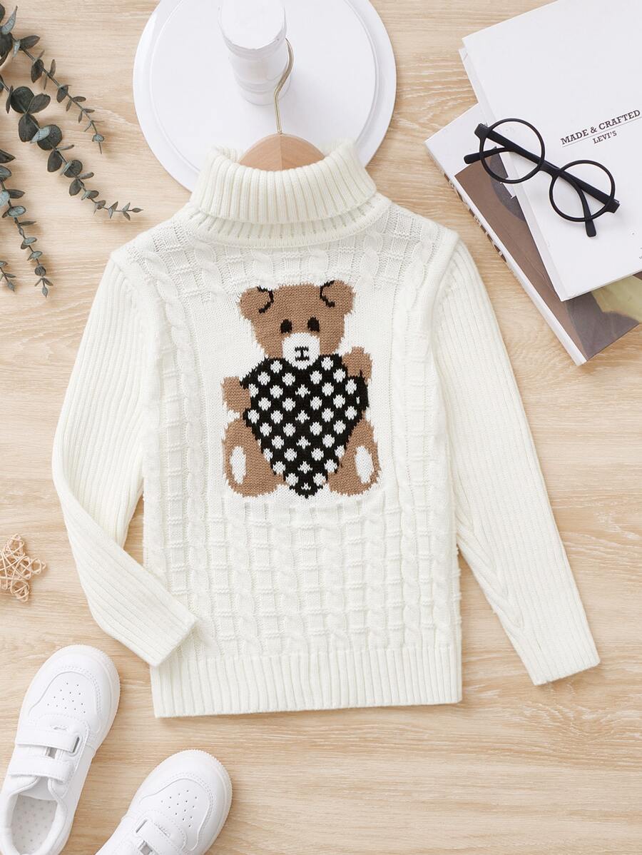 SHEIN Toddler Boys Bear Pattern Cable Knit Turtleneck Sweater - White - View 1