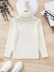 SHEIN Toddler Boys Bear Pattern Cable Knit Turtleneck Sweater - White - View 2