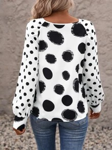 SHEIN LUNE Blusa con estampado de lunares de manga raglán - Blanco y Negro - Ver 2