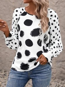SHEIN LUNE Blusa con estampado de lunares de manga raglán - Blanco y Negro - Ver 4