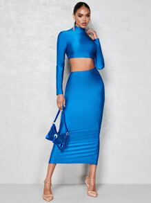 SHEIN BAE High Neck Crop Top & Pencil Skirt Set - Blue - View 1