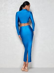 SHEIN BAE High Neck Crop Top & Pencil Skirt Set - Blue - View 2