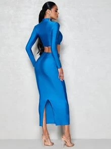 SHEIN BAE High Neck Crop Top & Pencil Skirt Set - Blue - View 5