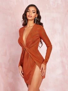 SHEIN BAE Twist Front Metallic Split Thigh Dress - Burnt Orange - View 3