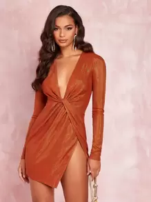 SHEIN BAE Twist Front Metallic Split Thigh Dress - Burnt Orange - View 1