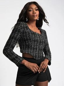 SHEINNeu Plaid Zip Up Asymmetrical Hem Tweed Jacket - Black - View 3