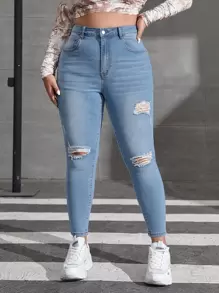 SHEIN ICON 大碼漂白水洗破洞抽鬚緊身牛仔褲 - 淺色水洗藍 - 查看 1