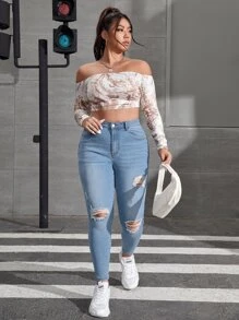 SHEIN ICON 大碼漂白水洗破洞抽鬚緊身牛仔褲 - 淺色水洗藍 - 查看 3