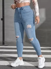 SHEIN ICON 大碼漂白水洗破洞抽鬚緊身牛仔褲 - 淺色水洗藍 - 查看 4