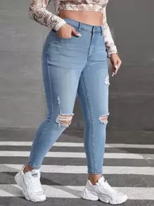 SHEIN ICON 大碼漂白水洗破洞抽鬚緊身牛仔褲 - 淺色水洗藍 - 查看 5