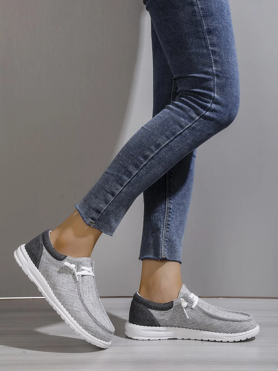 撞色前綁帶亚麻休閒鞋 - 淺灰色 - 查看 1