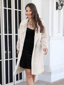 RELISH NOLESS Women's Faux Fur Lapel Double-Breasted Long Coat, Autumn/Winter - Beige - View 3
