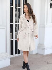 RELISH NOLESS Women's Faux Fur Lapel Double-Breasted Long Coat, Autumn/Winter - Beige - View 4