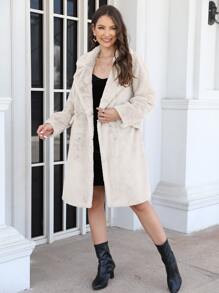 RELISH NOLESS Women's Faux Fur Lapel Double-Breasted Long Coat, Autumn/Winter - Beige - View 8