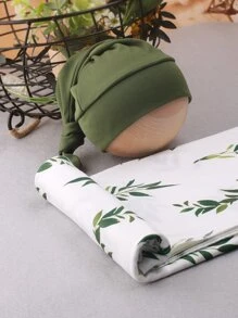 新生男嬰植物印花包裹毯＆帽相片套裝 - 白色 - 查看 5