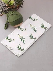 新生男嬰植物印花包裹毯＆帽相片套裝 - 白色 - 查看 6