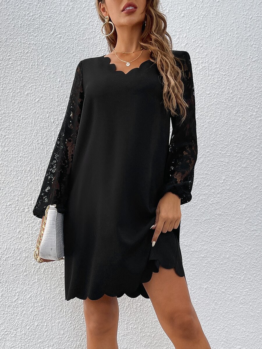 SHEIN Clasi Vestido con encaje ribete en abanico - Negro - Ver 1