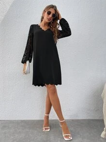 SHEIN Clasi Vestido con encaje ribete en abanico - Negro - Ver 3
