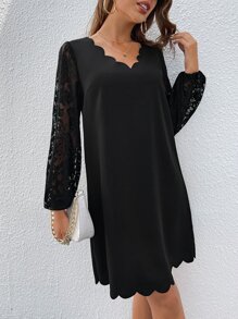 SHEIN Clasi Vestido con encaje ribete en abanico - Negro - Ver 4